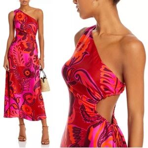 NEW FARM Rio Bold Floral Pink Midi Dress One Shoulder Cut-Out Beaded Tie Size L